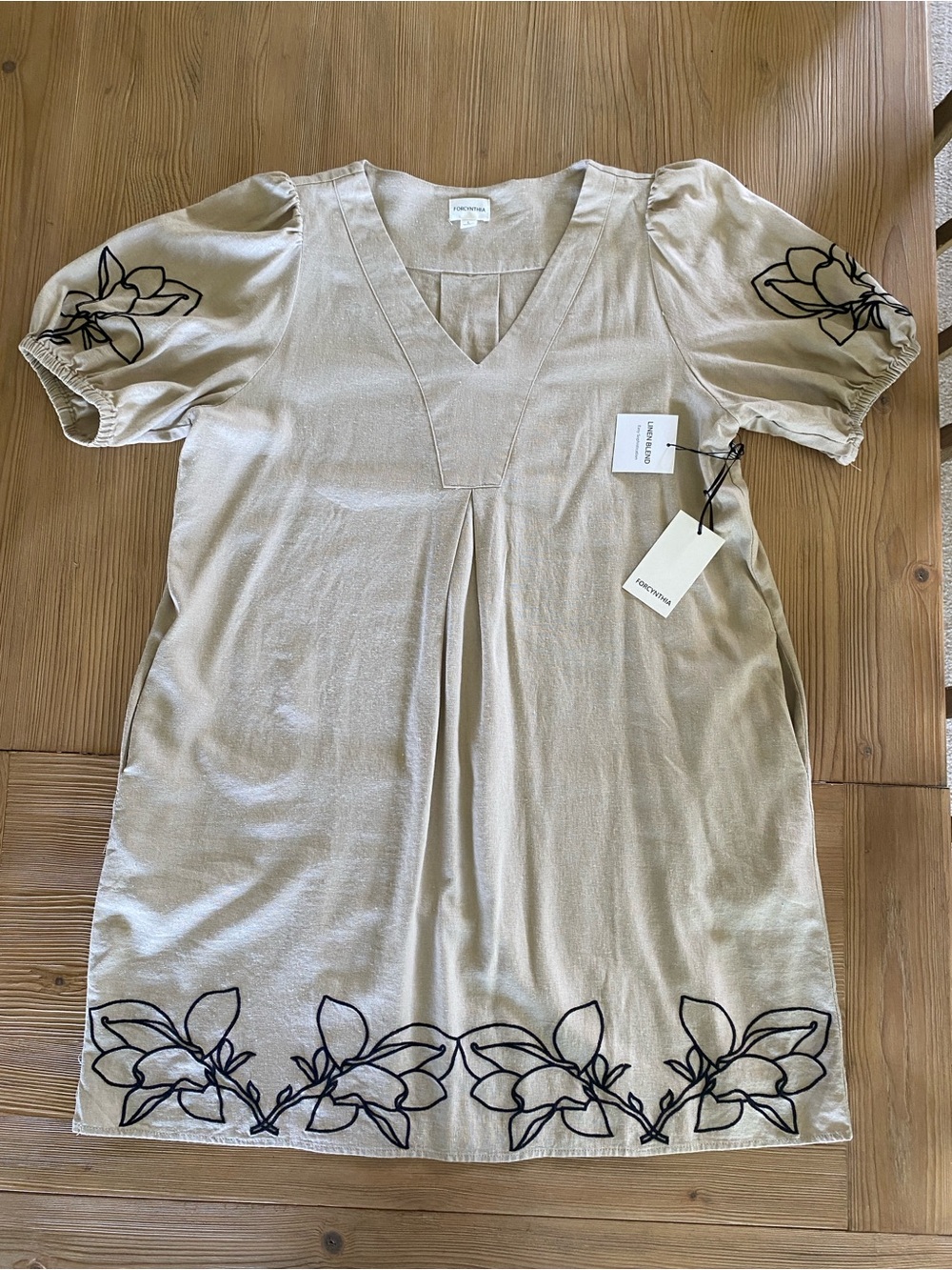 Forcynthia Sand V-Neck Tunic with Black Floral Embroidery